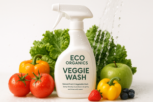 Create pic of Organic Veggie wash product with branding of eco organics and no human in it just the product and the veggitables washing in the picture it could be use on fruits too u could add fruits in picture too but keep it in mind when placing logo of eco organics on the product also write little usage description below the logo on the product product design in the for of shower that could carry in a had 