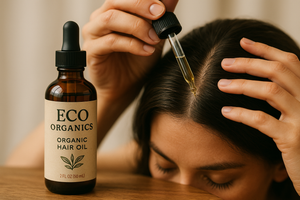generate an image of Human Organic Hair oil with the label of eco organics and human applying hair oil into his head 