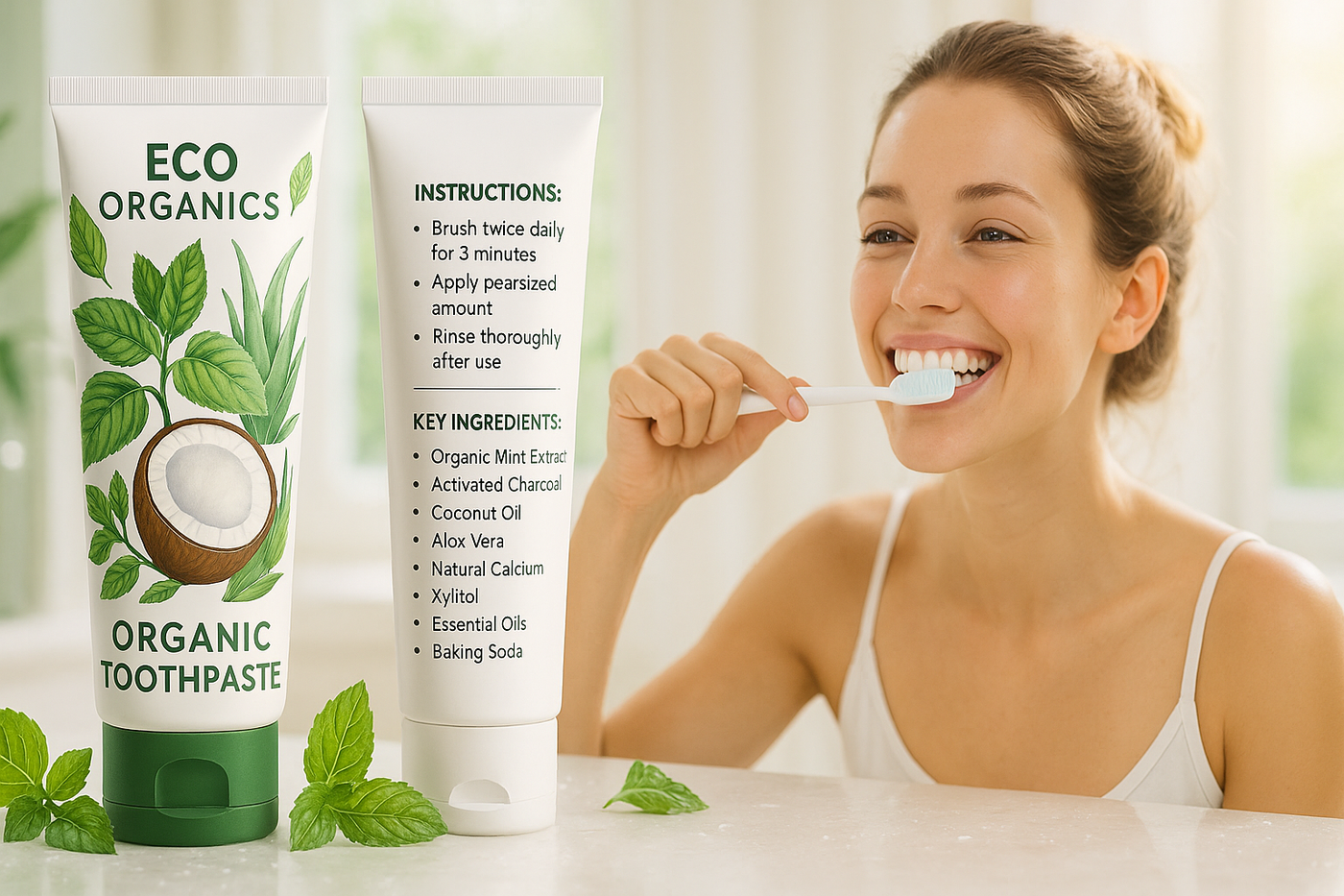 no add some pictorial inner organic toothpaste on the front side of toothpaste and add instruction and key ingredients on the back side of tooth paste show both front and back side of toothpaste