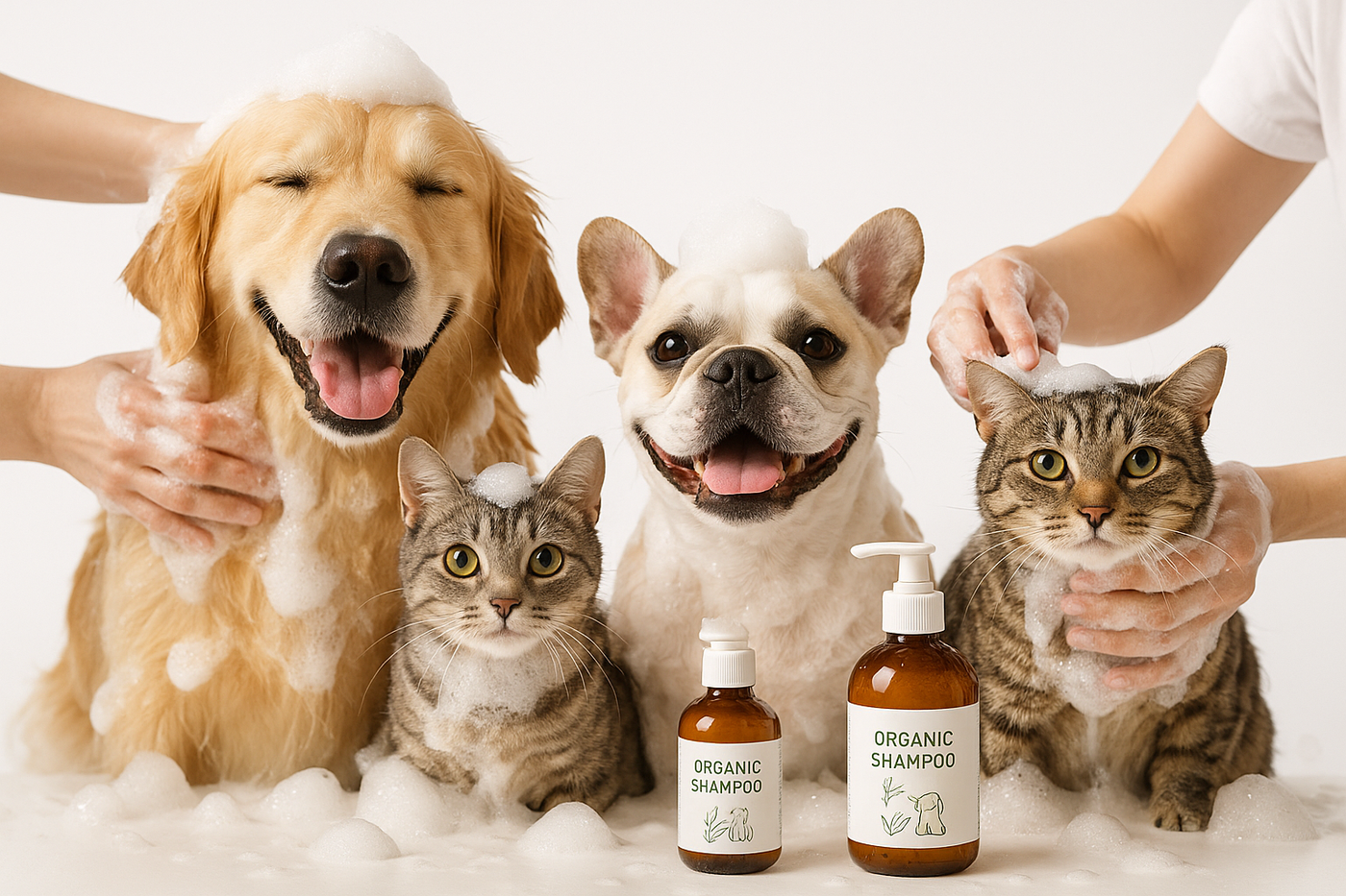 washing cat and dogs with organic shampoo make sure pic should be background of white 